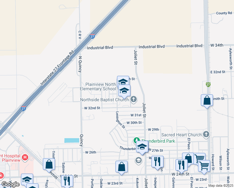 map of restaurants, bars, coffee shops, grocery stores, and more near 33rd Street in Plainview