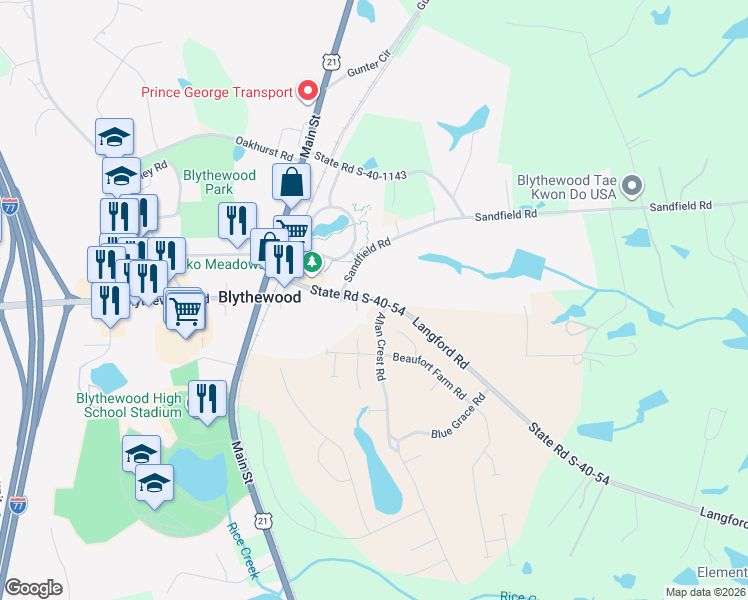 map of restaurants, bars, coffee shops, grocery stores, and more near 300 State Road S-40-54 in Blythewood