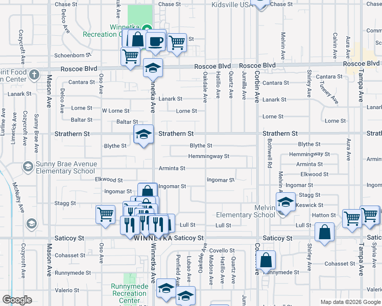 map of restaurants, bars, coffee shops, grocery stores, and more near 19935 Hemmingway Street in Los Angeles