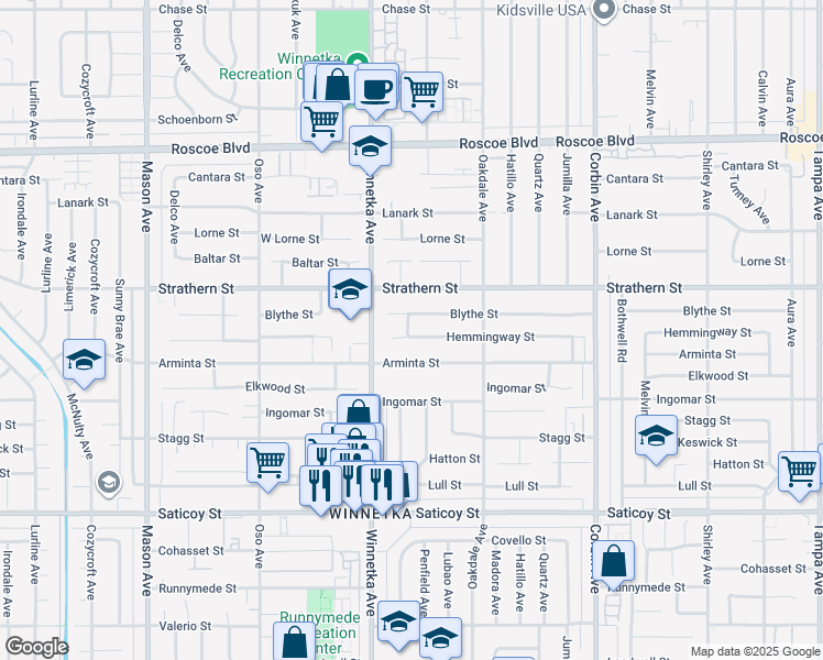 map of restaurants, bars, coffee shops, grocery stores, and more near 20019 Hemmingway Street in Los Angeles