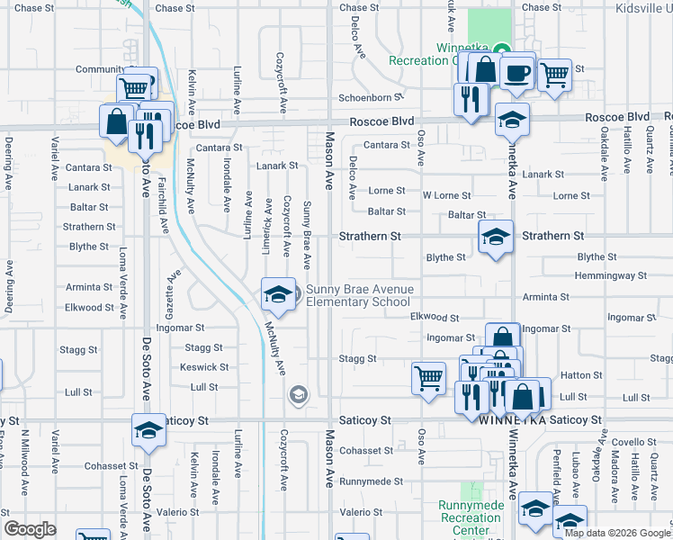 map of restaurants, bars, coffee shops, grocery stores, and more near 7916 Mason Avenue in Los Angeles