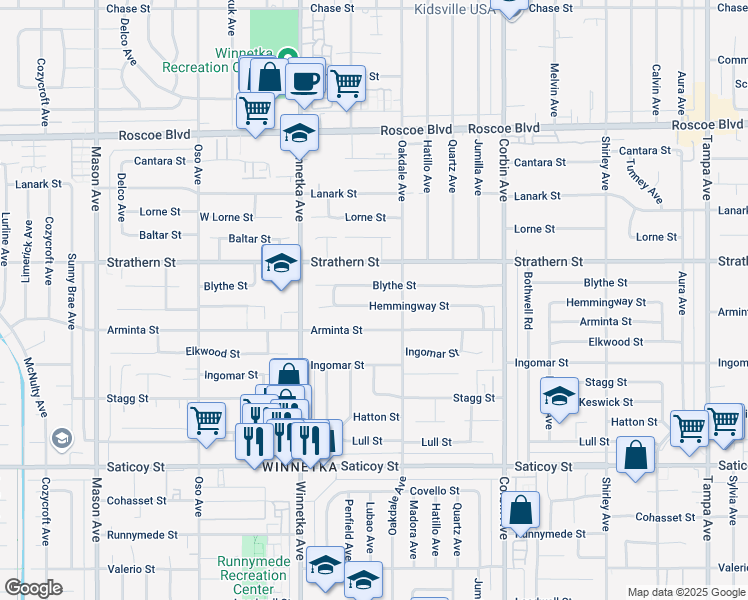 map of restaurants, bars, coffee shops, grocery stores, and more near 19935 Hemmingway Street in Los Angeles