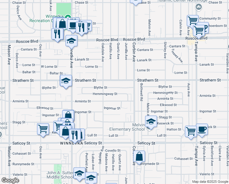 map of restaurants, bars, coffee shops, grocery stores, and more near 19815 Hemmingway Street in Los Angeles