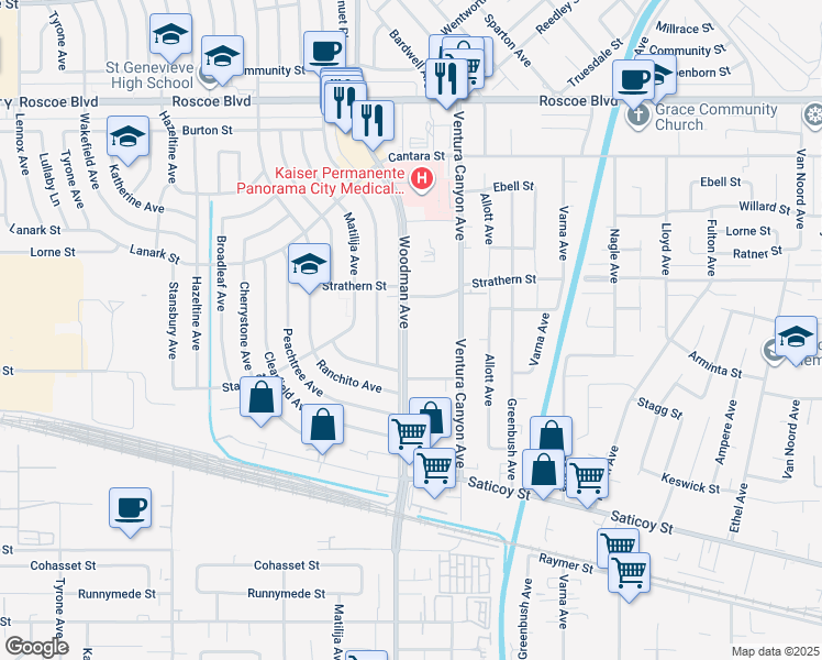 map of restaurants, bars, coffee shops, grocery stores, and more near 7924 Woodman Avenue in Los Angeles