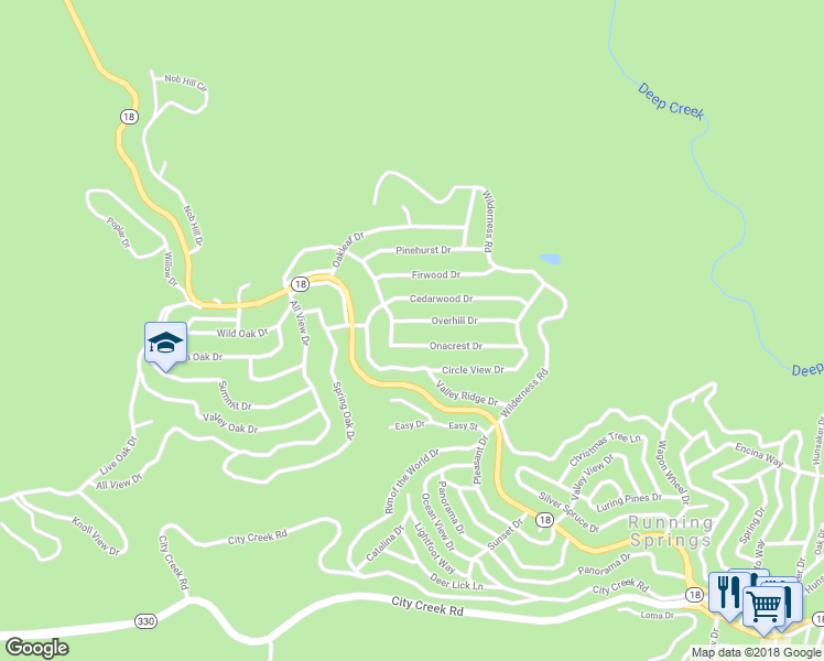 map of restaurants, bars, coffee shops, grocery stores, and more near 31353 Overhill Drive in Running Springs
