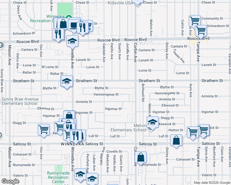 map of restaurants, bars, coffee shops, grocery stores, and more near 19815 Hemmingway Street in Los Angeles