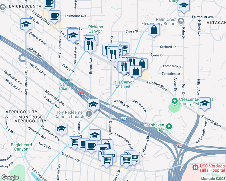 map of restaurants, bars, coffee shops, grocery stores, and more near 4360 Ocean View Boulevard in La Crescenta-Montrose