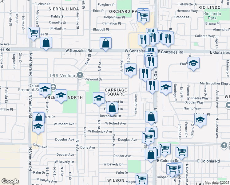 map of restaurants, bars, coffee shops, grocery stores, and more near 521 Glenwood Drive in Oxnard