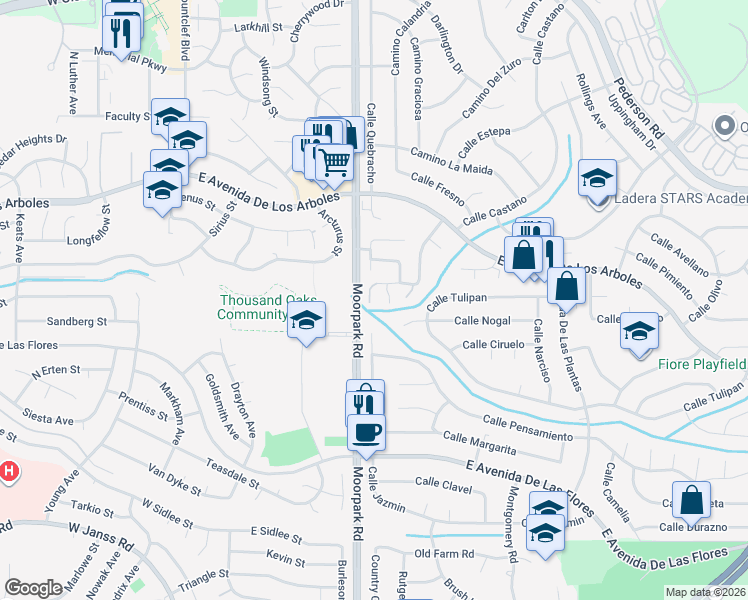 map of restaurants, bars, coffee shops, grocery stores, and more near 2600 Calle Hermosa in Thousand Oaks