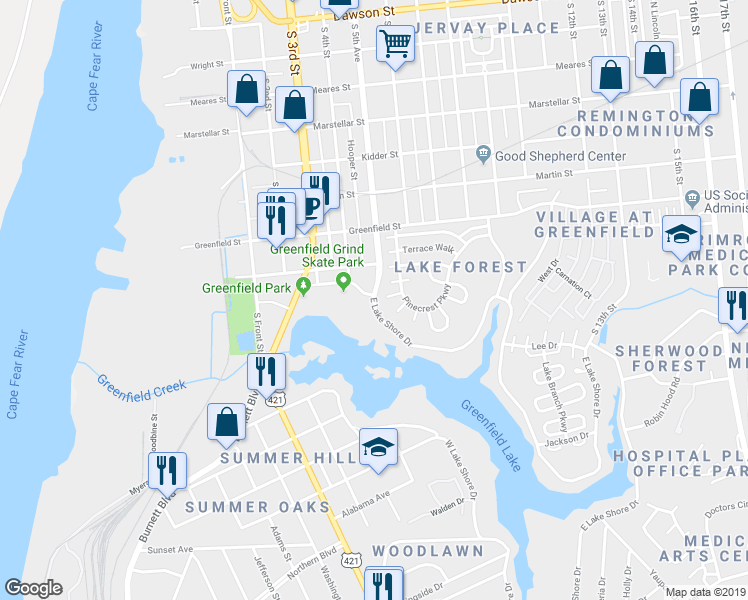 map of restaurants, bars, coffee shops, grocery stores, and more near 1501 East Lake Shore Drive in Wilmington