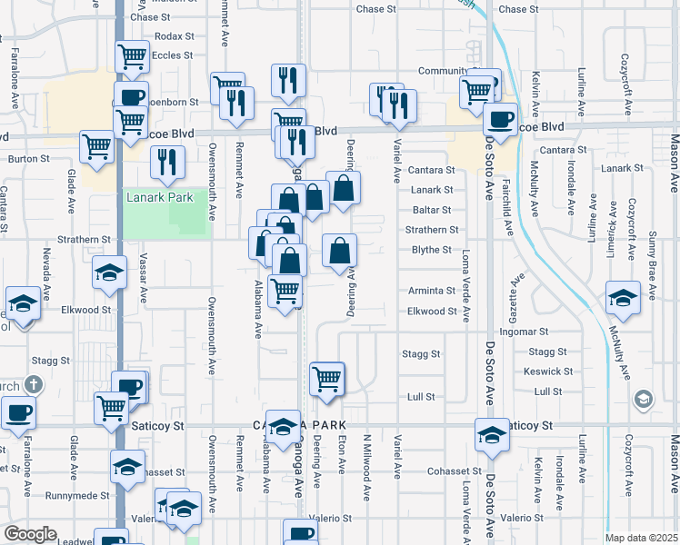 map of restaurants, bars, coffee shops, grocery stores, and more near 21251 Deering Court in Los Angeles