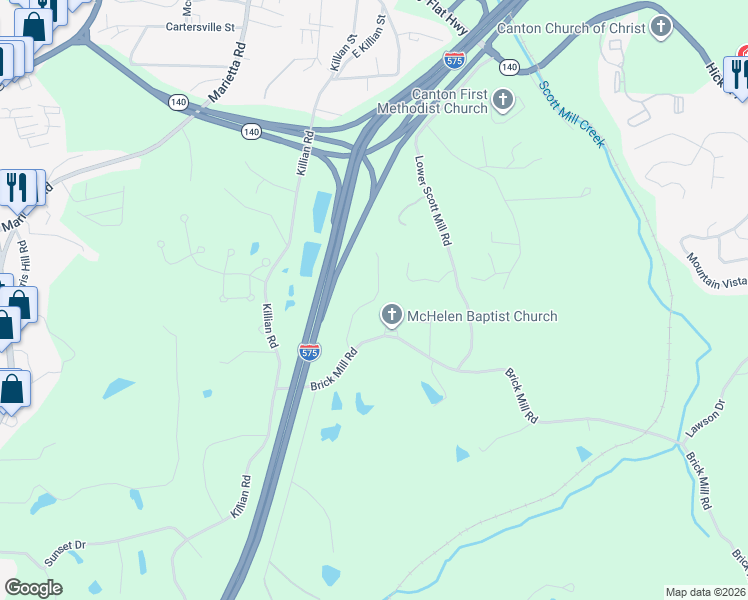 map of restaurants, bars, coffee shops, grocery stores, and more near 212 Brick Mill Drive in Canton