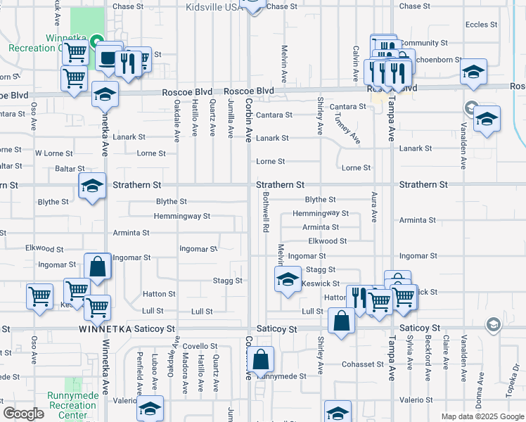 map of restaurants, bars, coffee shops, grocery stores, and more near 7919 Bothwell Road in Los Angeles