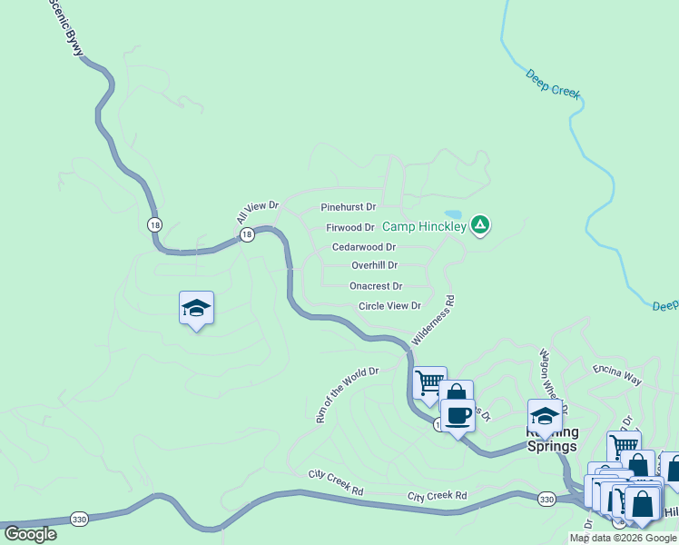 map of restaurants, bars, coffee shops, grocery stores, and more near 31353 Overhill Drive in Running Springs