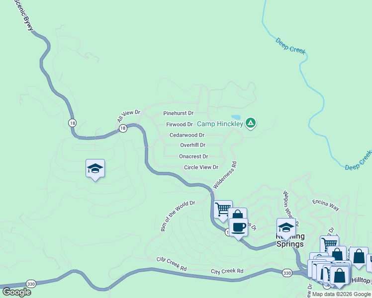 map of restaurants, bars, coffee shops, grocery stores, and more near 31413 Overhill Drive in Running Springs