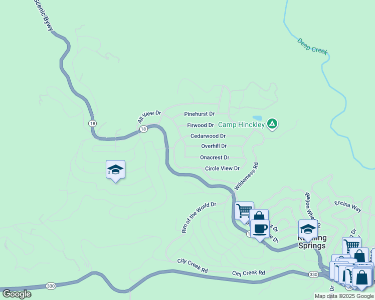 map of restaurants, bars, coffee shops, grocery stores, and more near 31309 Cedarwood Drive in Running Springs