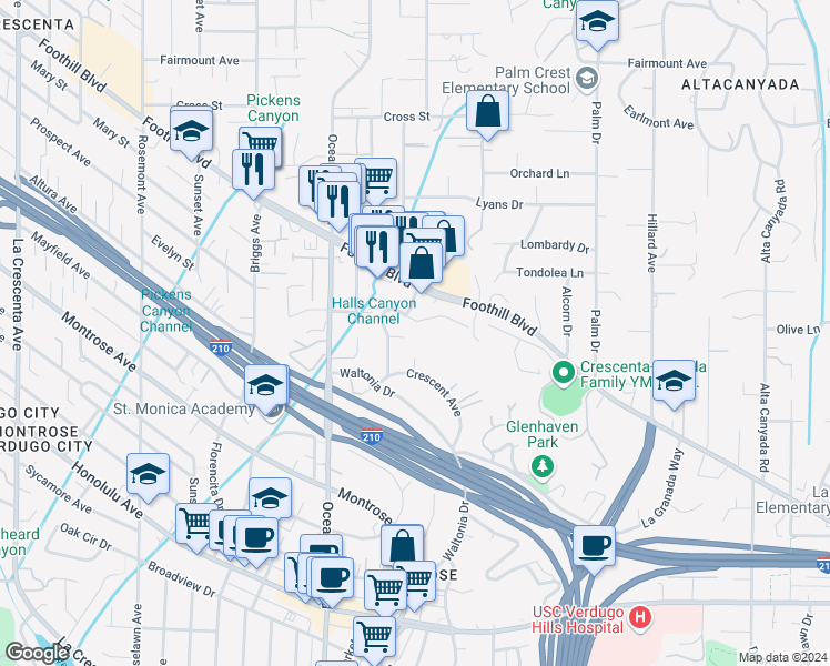map of restaurants, bars, coffee shops, grocery stores, and more near 2145 La Canada Crest Drive in La Cañada Flintridge
