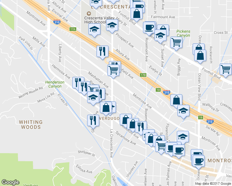 map of restaurants, bars, coffee shops, grocery stores, and more near 2738 Montrose Avenue in Glendale