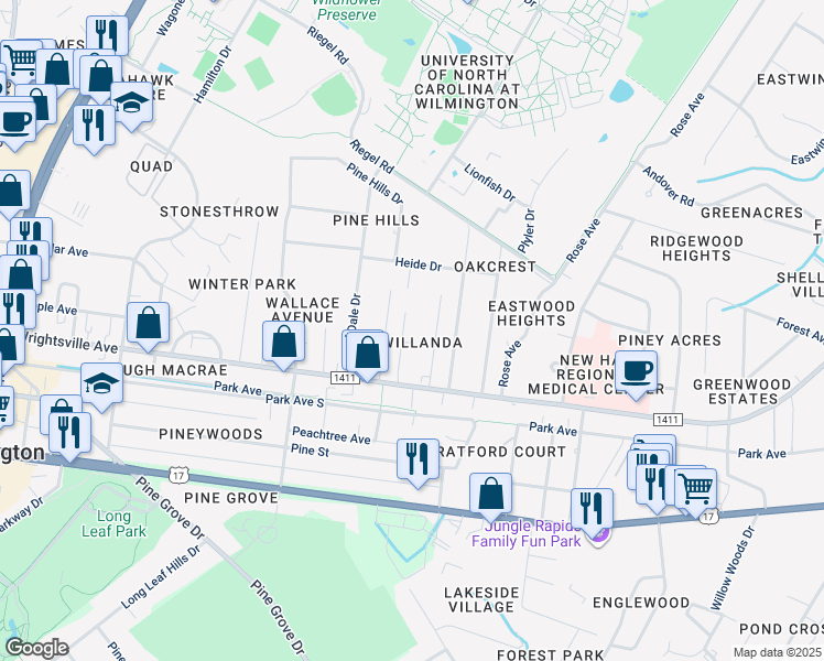 map of restaurants, bars, coffee shops, grocery stores, and more near 224 Woodland Drive in Wilmington