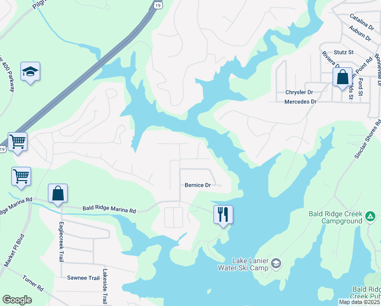 map of restaurants, bars, coffee shops, grocery stores, and more near 2220 Peachtree Road in Cumming