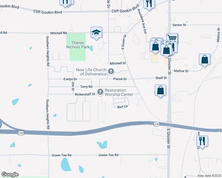 map of restaurants, bars, coffee shops, grocery stores, and more near 922-998 Terry Rd in Tupelo