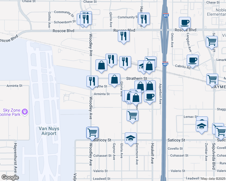 map of restaurants, bars, coffee shops, grocery stores, and more near 15933 Arminta Street in Los Angeles
