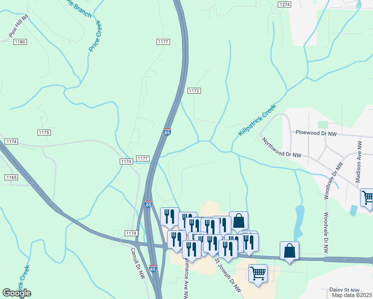 map of restaurants, bars, coffee shops, grocery stores, and more near 1880 Goodwin Drive Northwest in Cullman