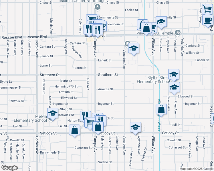 map of restaurants, bars, coffee shops, grocery stores, and more near 19215 Arminta Street in Los Angeles