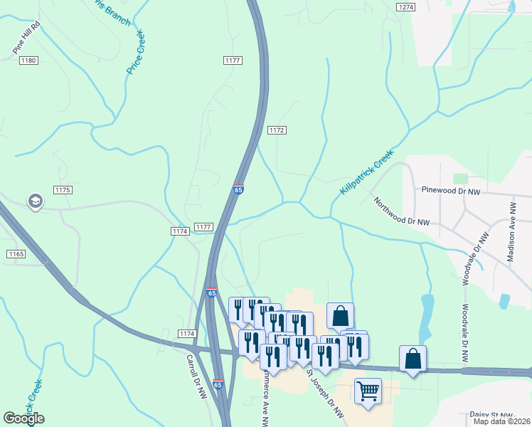 map of restaurants, bars, coffee shops, grocery stores, and more near 1880 Goodwin Drive Northwest in Cullman
