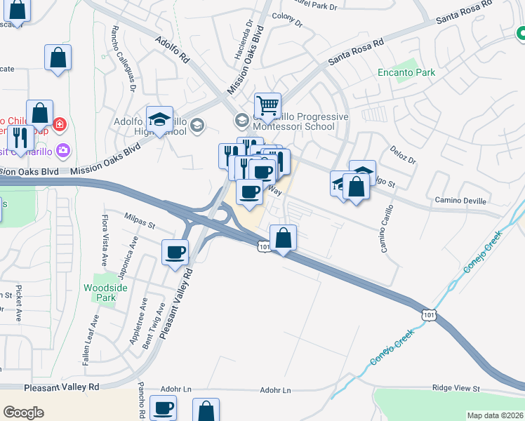 map of restaurants, bars, coffee shops, grocery stores, and more near 401 Castiano Street in Camarillo