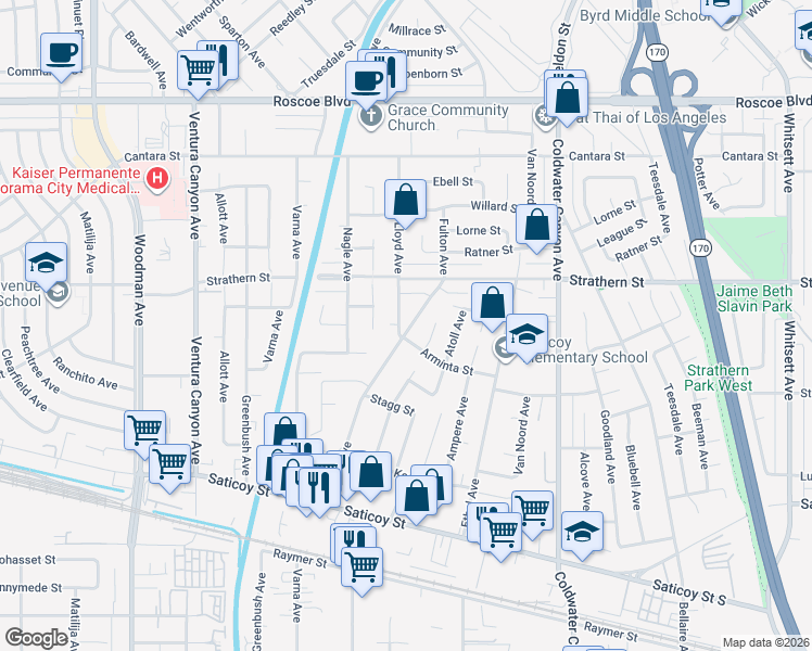 map of restaurants, bars, coffee shops, grocery stores, and more near 7911 Fulton Avenue in Los Angeles