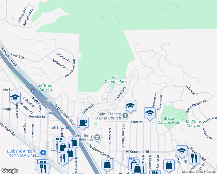 map of restaurants, bars, coffee shops, grocery stores, and more near 9549 Vía Venezia in Burbank