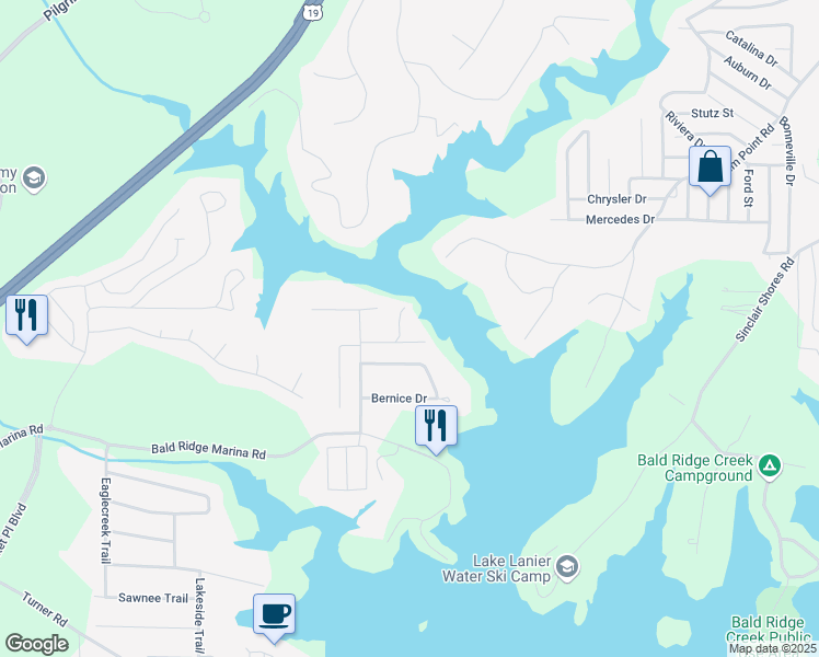 map of restaurants, bars, coffee shops, grocery stores, and more near 2035 Peachtree Road in Cumming
