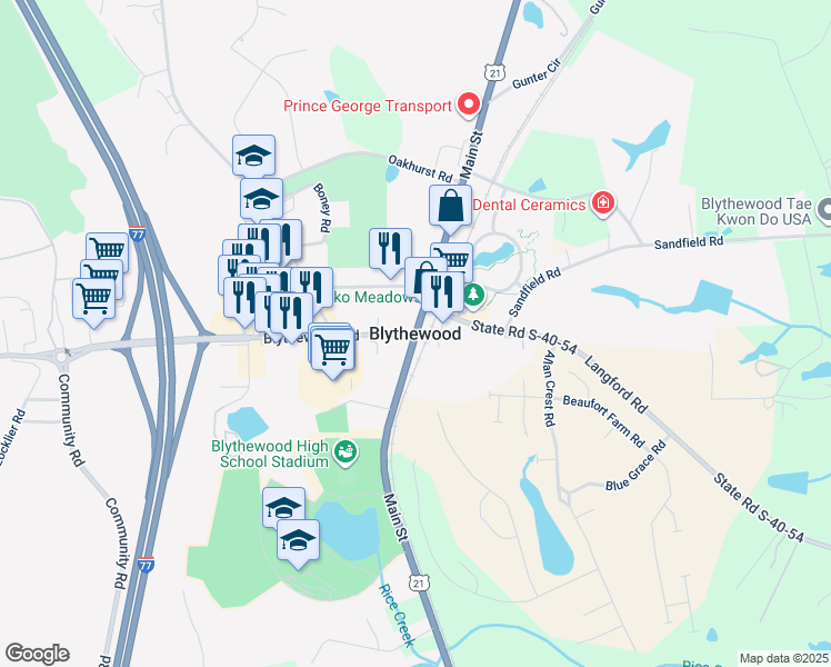 map of restaurants, bars, coffee shops, grocery stores, and more near in Blythewood