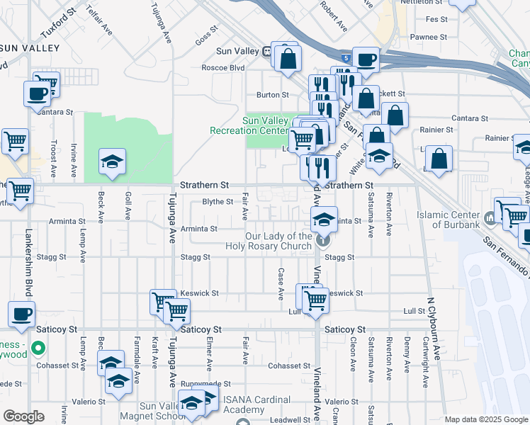 map of restaurants, bars, coffee shops, grocery stores, and more near 11121 Arminta Street in Los Angeles