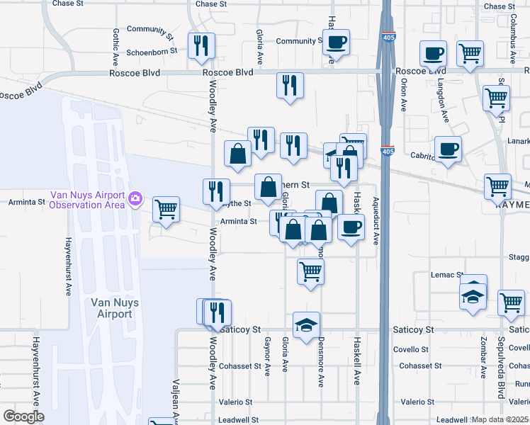 map of restaurants, bars, coffee shops, grocery stores, and more near 15933 Arminta Street in Los Angeles