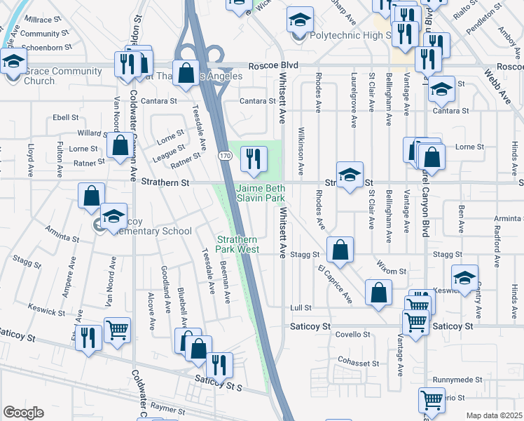 map of restaurants, bars, coffee shops, grocery stores, and more near 7909 Vanscoy Avenue in Los Angeles