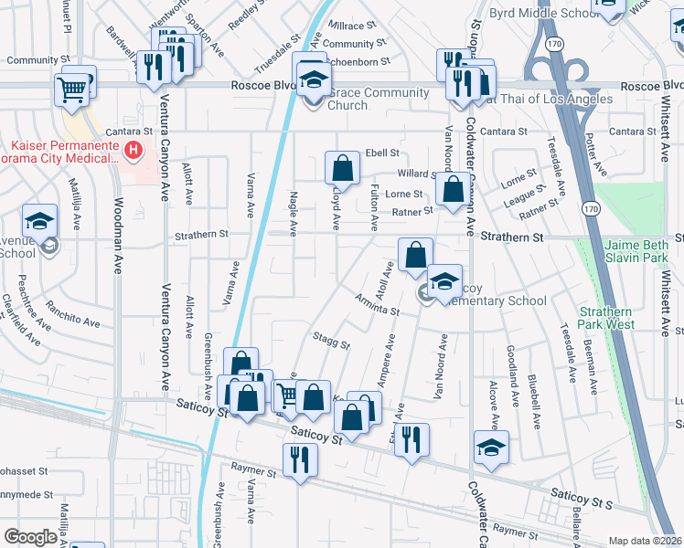 map of restaurants, bars, coffee shops, grocery stores, and more near 7911 Fulton Avenue in Los Angeles