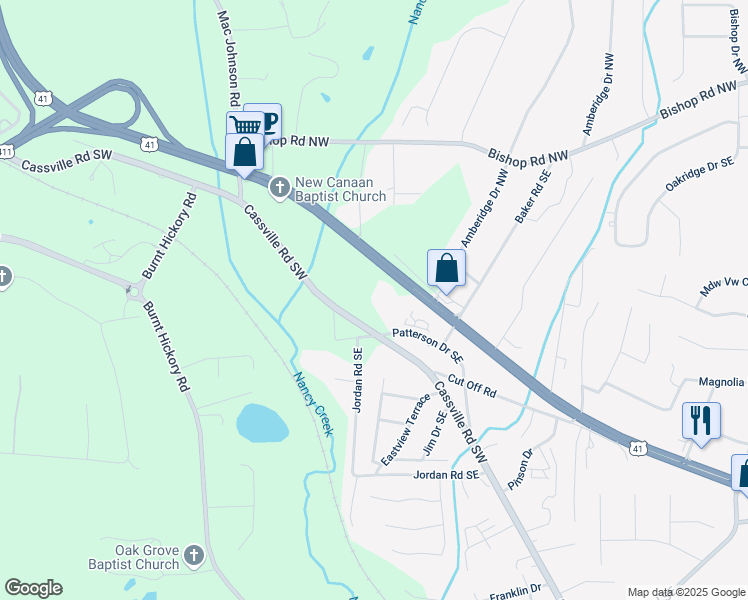 map of restaurants, bars, coffee shops, grocery stores, and more near 1771 Joe Frank Harris Parkway Southeast in Cartersville
