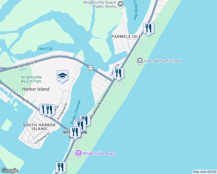 map of restaurants, bars, coffee shops, grocery stores, and more near in Wrightsville Beach
