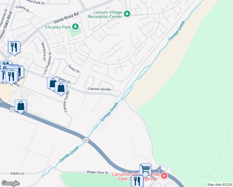 map of restaurants, bars, coffee shops, grocery stores, and more near 5758 Calle Pamaro in Camarillo