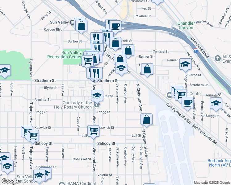 map of restaurants, bars, coffee shops, grocery stores, and more near 7913 Satsuma Avenue in Los Angeles