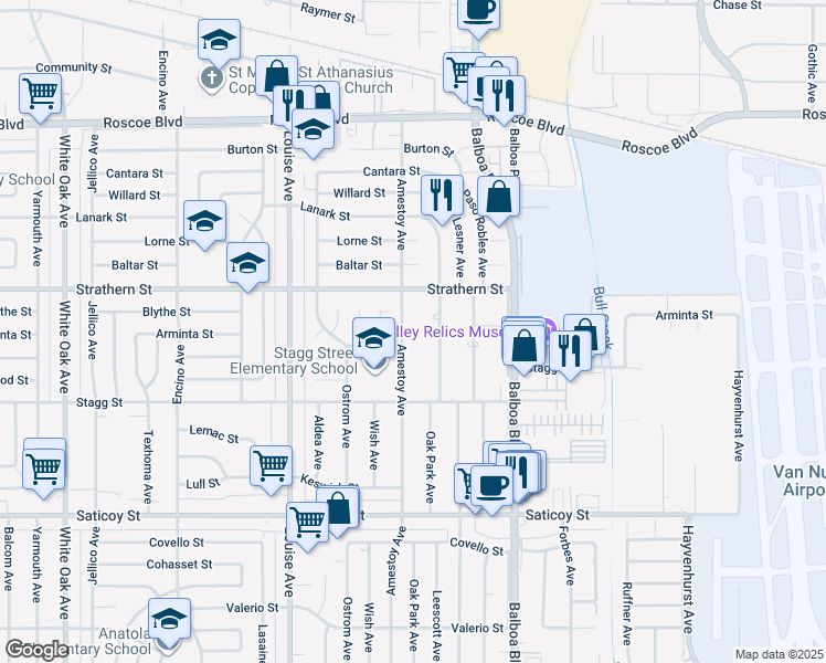 map of restaurants, bars, coffee shops, grocery stores, and more near 7922 Amestoy Avenue in Los Angeles