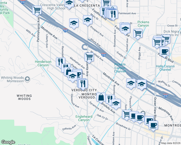 map of restaurants, bars, coffee shops, grocery stores, and more near 2738 Montrose Avenue in Glendale