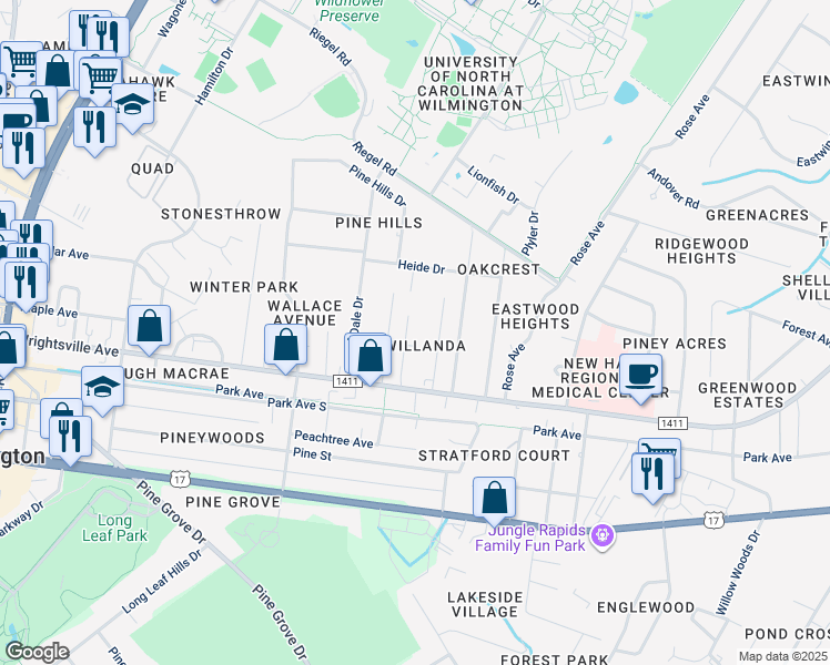map of restaurants, bars, coffee shops, grocery stores, and more near 224 Woodland Drive in Wilmington
