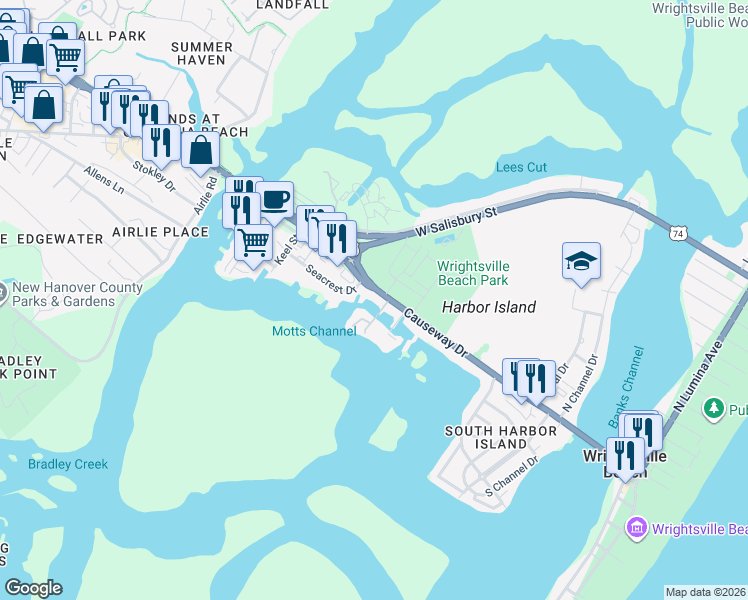 map of restaurants, bars, coffee shops, grocery stores, and more near 316 Causeway Drive in Wrightsville Beach