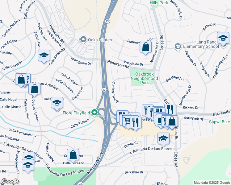map of restaurants, bars, coffee shops, grocery stores, and more near 1569 Burning Tree Drive in Thousand Oaks