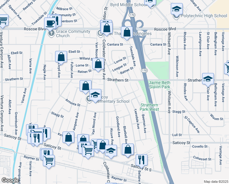 map of restaurants, bars, coffee shops, grocery stores, and more near 7914 Goodland Avenue in Los Angeles