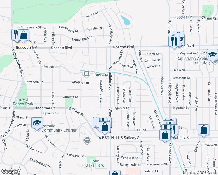 map of restaurants, bars, coffee shops, grocery stores, and more near 23139 Strathern Street in Los Angeles
