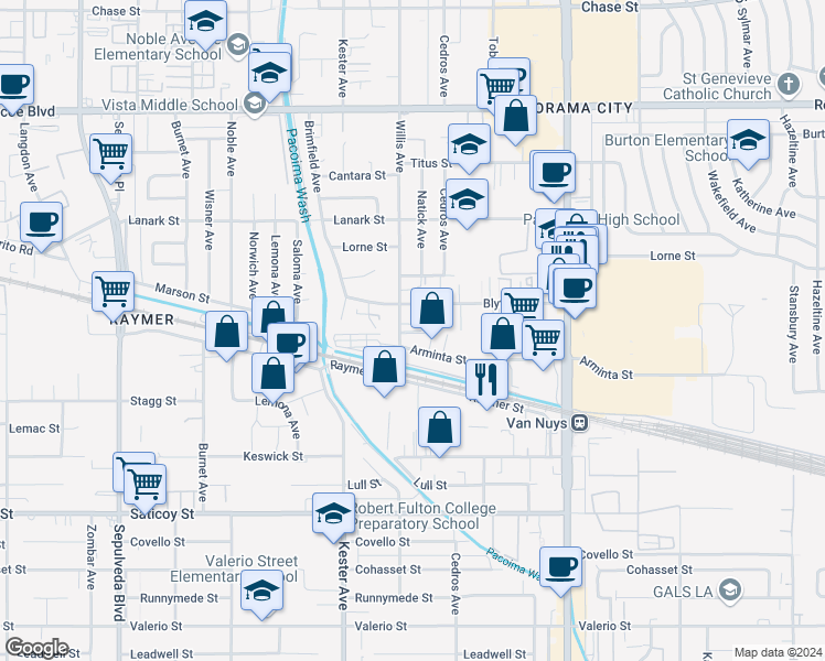 map of restaurants, bars, coffee shops, grocery stores, and more near 7910 Willis Avenue in Los Angeles